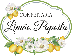 Logotipo da confeitaria Limão Papoila com moldura verde, flores brancas e limões ilustrados em estilo vintage.