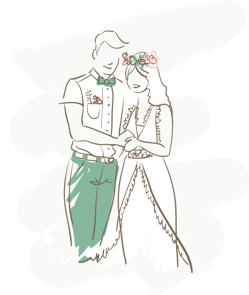 Ilustração minimalista de casal em casamento alternativo, com o noivo de gravata borboleta verde e a noiva usando vestido branco e coroa de flores.